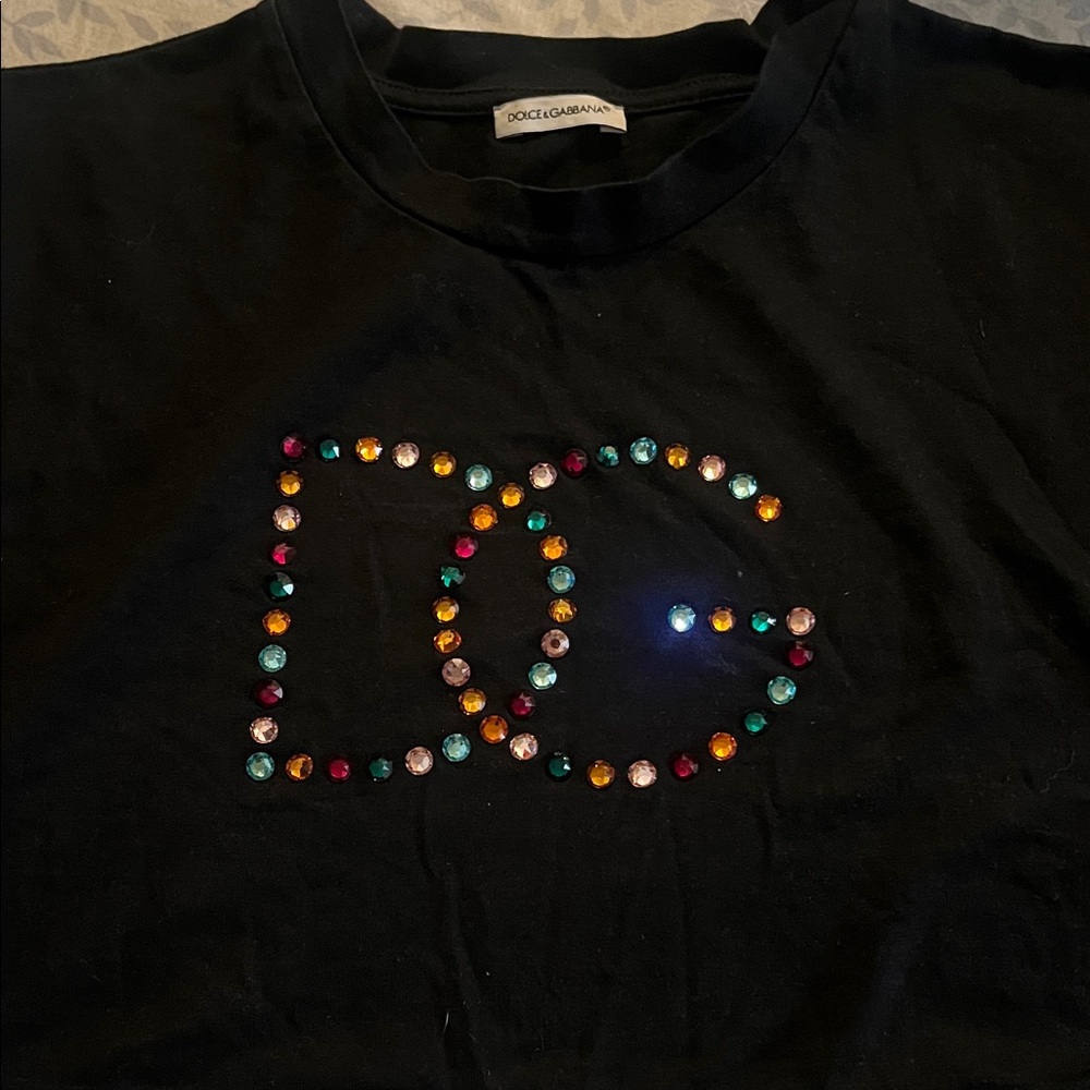 Dolce & Gabbana Kids Black Tee with Multicolor Embellishments Crop Top